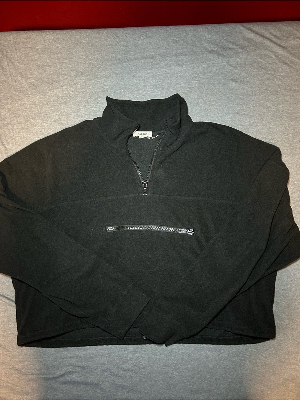 Garage Black Cropped Women's Quarter-Zip Pullover Hoodie with Bungee Tightener